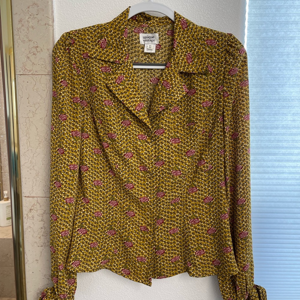 Unique Vintage Button Down Mustard Blouse with Pink Rose Pattern